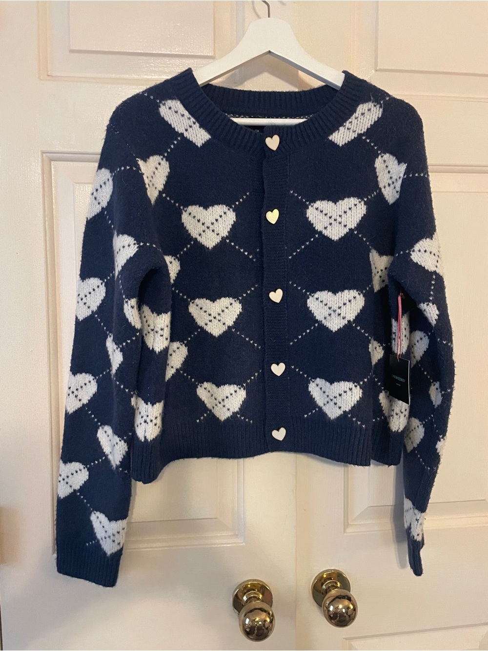 NWT Cynthia Rowley Women's Coquette Preppy Navy Heart Cropped Sweater L